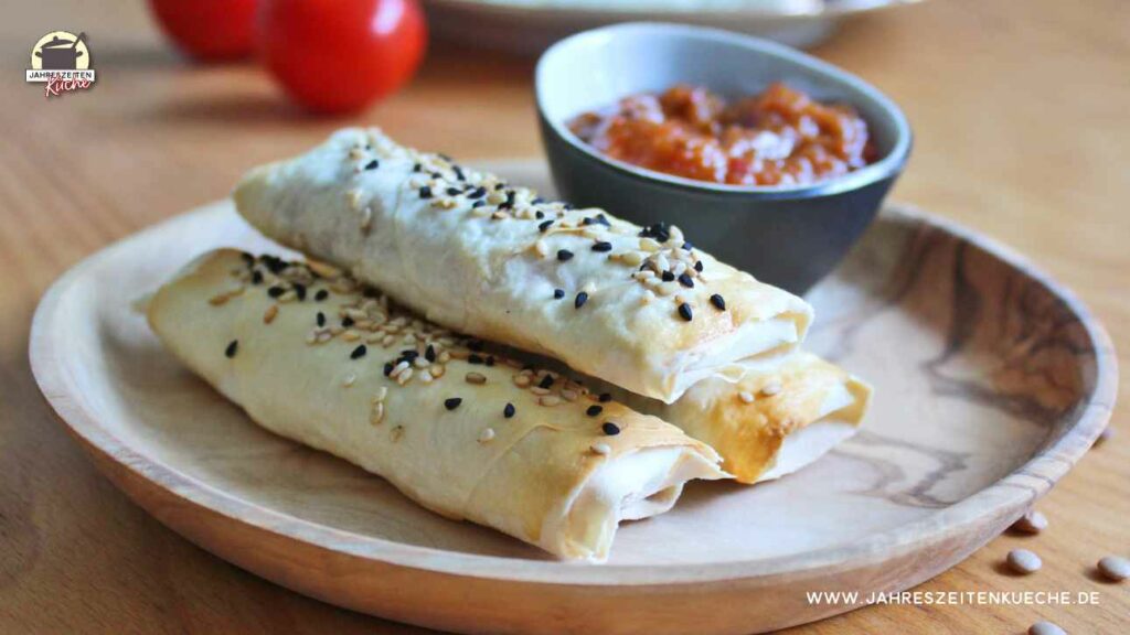 Neben einem Schälchen Tomaten-Chili-Chutney liegen drei Sigara Börek mit Linsenfüllung auf einem Holzteller.