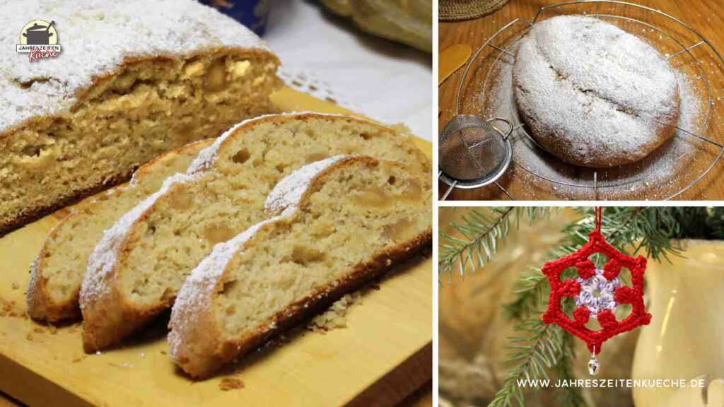 Auf einem dreiteiligen Bild ist links ein angeschnittener Dinkelstollen zu sehen, oben rechts ein mit Puderzucker bestäubter Stollen und unten rechts ein Baumanhänger zu sehen