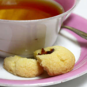 Ein englischer Marmeladen-Keks liegt auf einer Untertasse