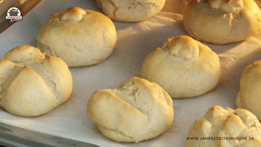 Frisch gebackene Kamut-Dinkel-Brötchen auf einem Backblech