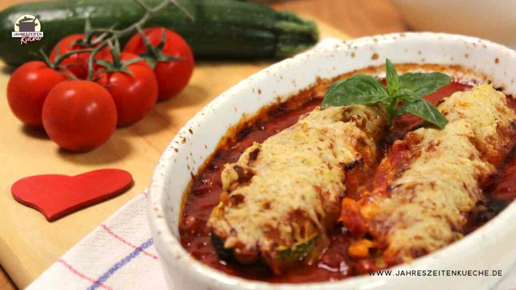 Gefüllte Zucchini mit Käse überbacken in einer Auflaufform. Im Hintergrund liegen Tomaten und Zucchini.