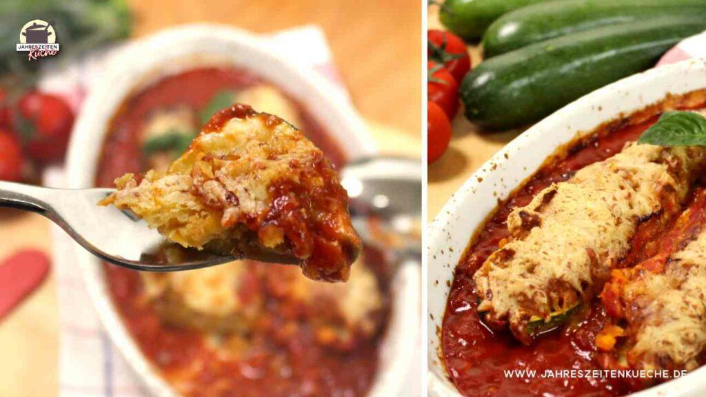 Zweiteiliges Bild: Rechts ist eine Gabel mit einem Happen gefüllte Zucchini. Links ist eine Auflaufform mit zwei überbackenen Zucchinihälften.