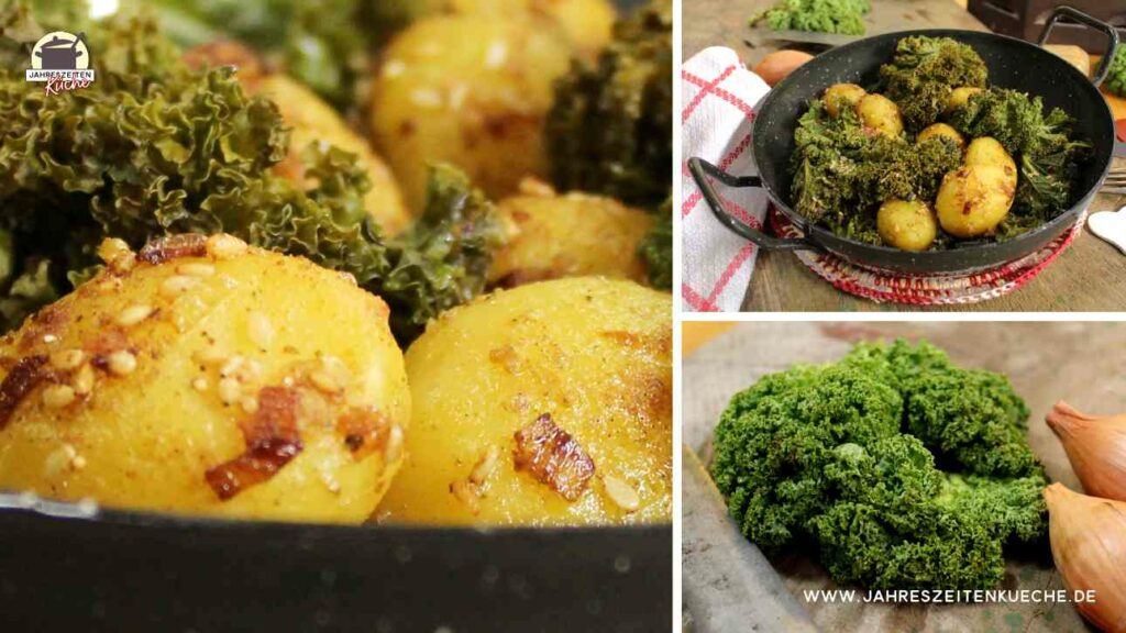 Auf einem dreiteiligen Bild ist eine Detailaufnahme von Sesamkartoffeln, gekochtem und frischen Grünkohl zu sehen.