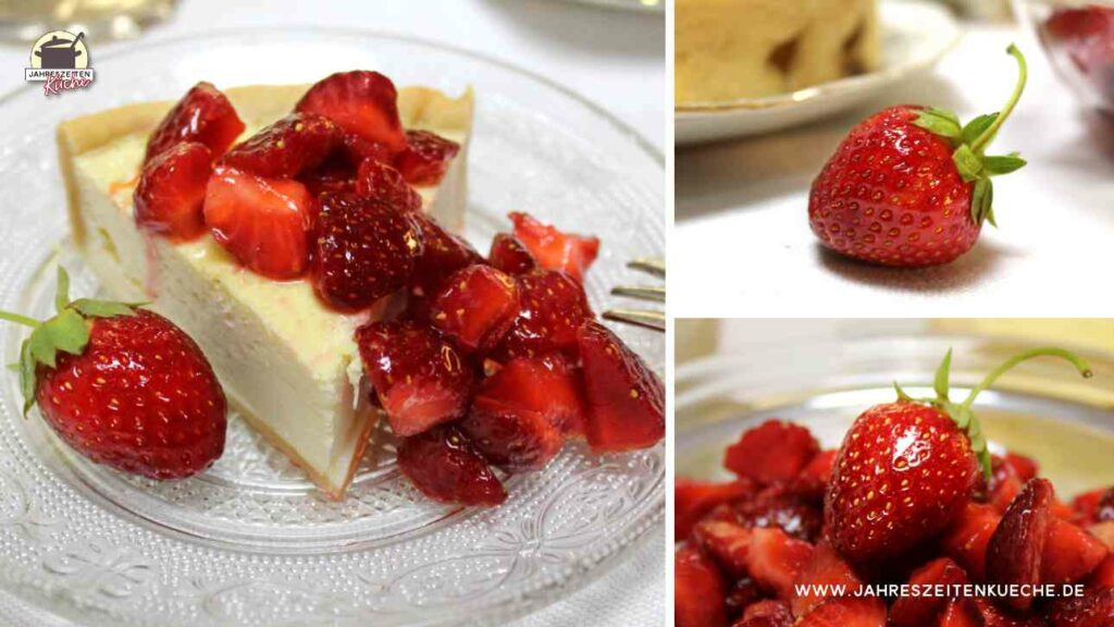 Auf einem dreiteiligen Bild ist links ein Stück Käsekuchen mit versoffenen Erdbeeren zu sehen. Rechts oben liegt eine frische Erdbeere und rechts unten ist eine Schüssel mit eingelegten Erdbeeren