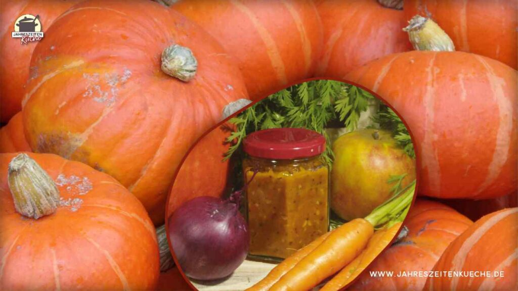 Kürbis-Karotten-Chutney im Glas. Im Hintergrund viele Hokkaido-Kürbisse