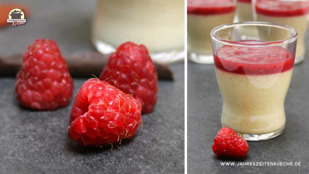 Auf einem zweiteiligem Bild sind links 3 Himbeeren und rechts ein Glas Mandelcreme mit Himbeer-Topping zu sehen.