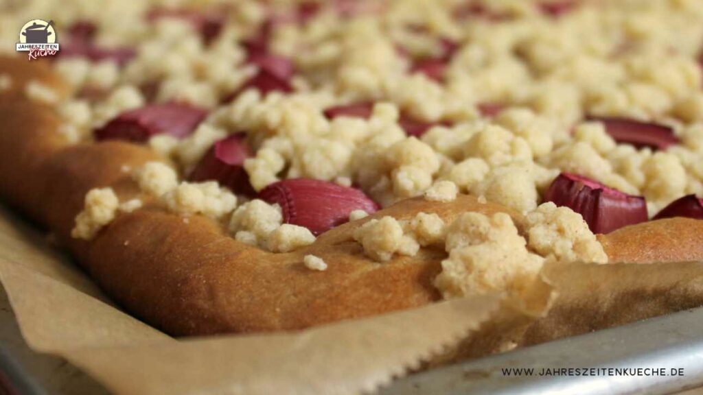 Detailaufnahme von einem Blechkuchen mit Rhabarber und Zimstreusel