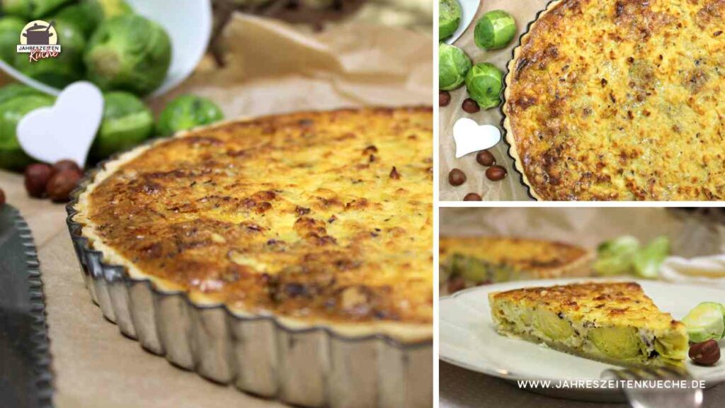 Ein dreiteiliges Bild. Links ist eine Rosenkohl-Quiche in der Form, rechts oben eine Rosenkohl-Quiche in der Draufsicht und rechts unten ein Stück auf einem Teller.