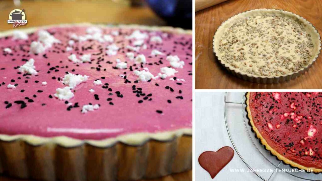 Dreiteiliges Bild: Links ist ein eine noch nicht gebackene Rote Beete-Quiche zu sehen, Rechts oben der vorbereitete Boden mit Sonnenblumenkernen und rechts unten ist die fertiggebackene Quiche zu sehen.