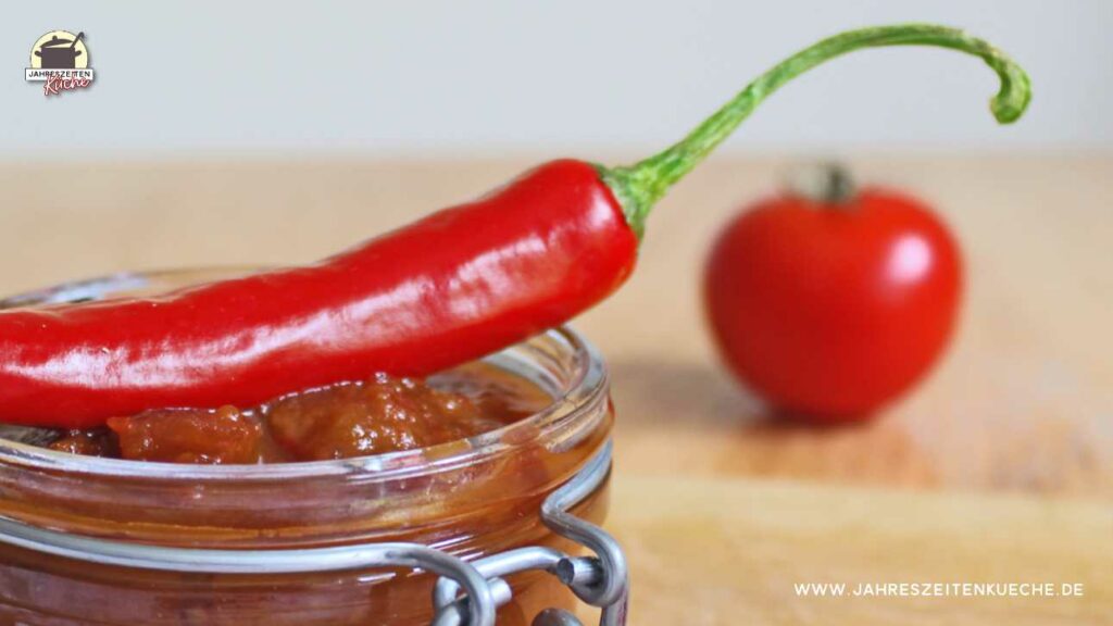 Auf einem Drahtbügelglas mit Tomaten-Chili-Chutney. liegt eine Chilischote. Im Hintergrund ist eine Tomate zu sehen.