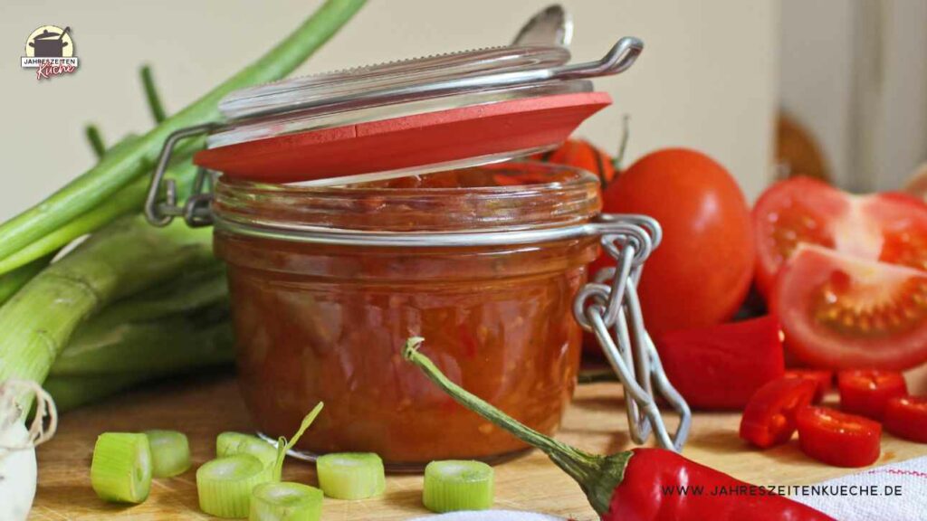 Tomaten-Chili-Chutney in einen Drahtbügelglas. Links und rechts davon Frühlingszwiebeln, Tomaten, Chilischoten