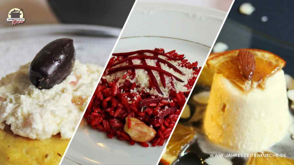 Auf einem dreigeteiltem Bild sind die Gängen für das Weihnachtsmenü zu sehen: Hüttenkäsepuffer, Rote Bete-Risotto, Marzipan-Parfait mit Orangen