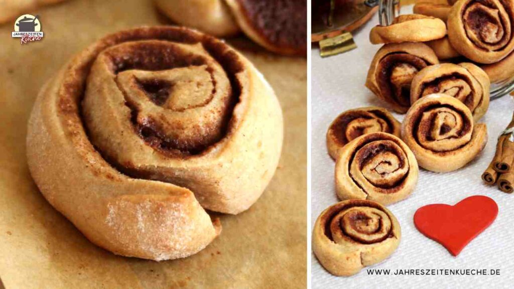 Auf einem zweiteiligen Bild ist links eine Zimtschnecken zu sehen und rechts ein Glas, aus dem Zimtschnecken fallen.