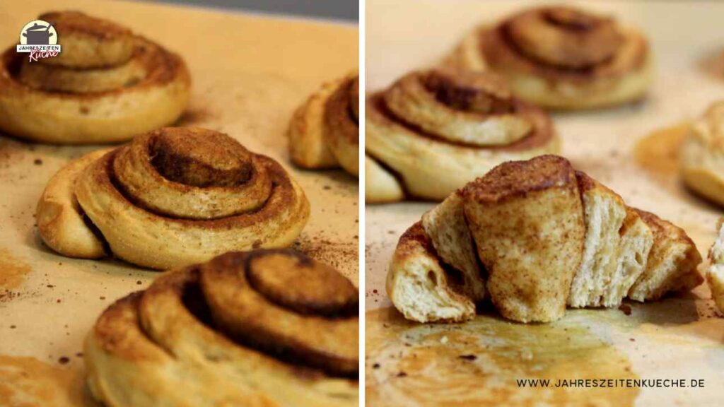 Fluffige Zimtschnecken, die mit Vorteig gebacken sind. Rechts sind die fertigen zu sehen, links eine halbierte Zimtschnecke, bei der der luftige Teig zu erkennen ist.