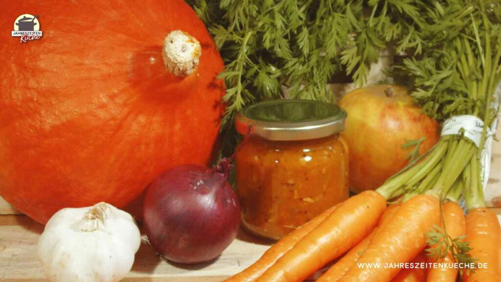 Kürbis, Karotten, Zwiebeln und Apfel und ein Glas Kürbis-Karotten-Chutney