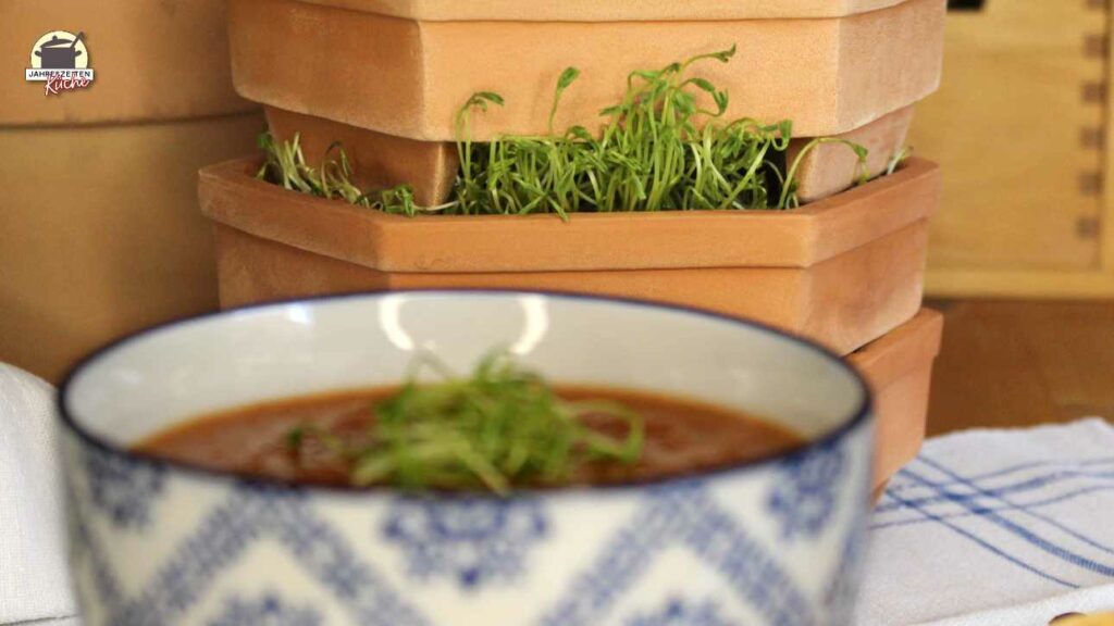 Sprossenturm aus Keramik mit frischen Sprossen
