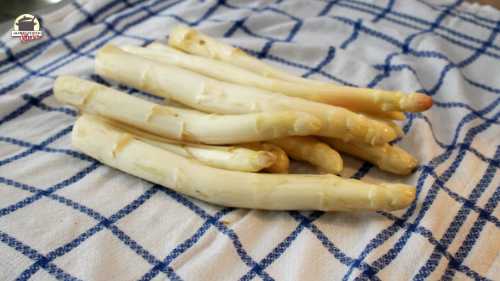 Frischer Spargel liegt auf einem blau-weiß kariertem Geschirrtuch