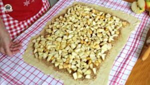 Apfelstücke sind gleichmäßig auf dem Strudelteig verteilt