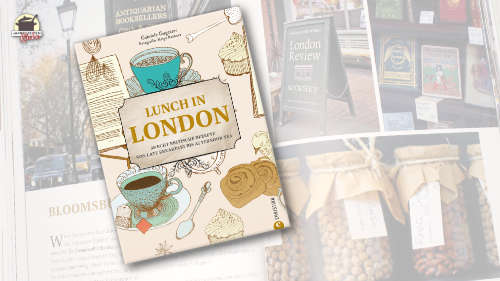 Auf zwei Buchseiten von Lunch in London von Gabriele Gugetzer liegt das Buchcover davon