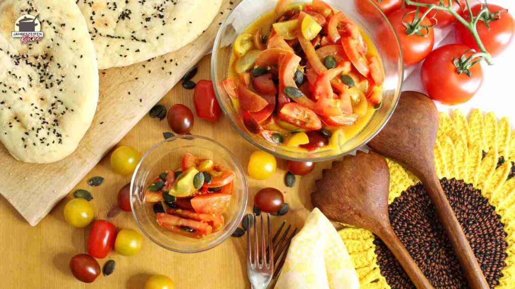 Auf einer Holzplatte stehen Glasschüsseln mit Tomatensalat, daziwschen liegen Cocktailtomaten und Kürbiskerne