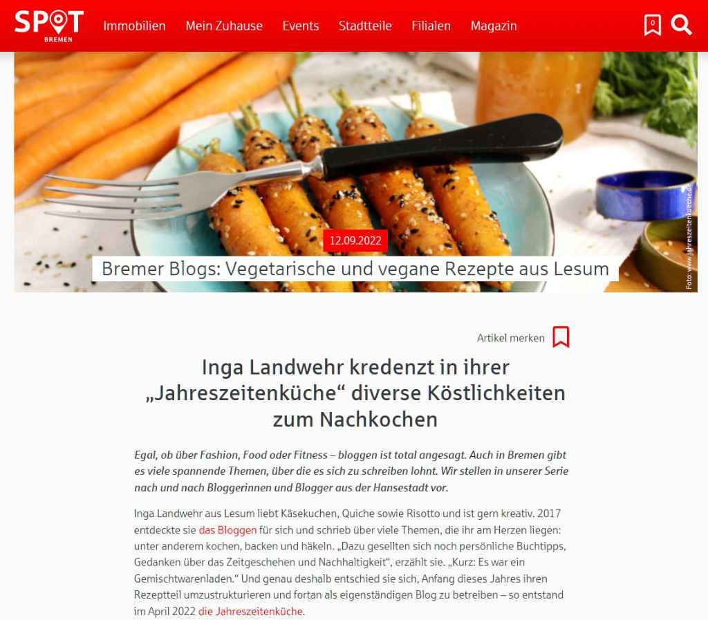 Screenshot aus dem Online-Magazin SPOT mit einem Artikel über die Jahreszeitenküche