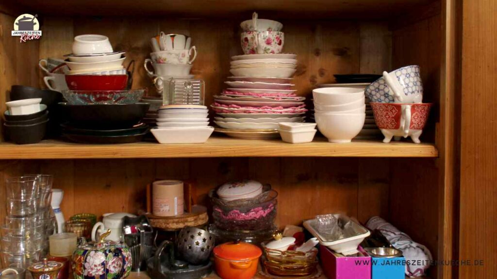 Auf zwei Regalbrettern stehen viele Geschirr-Einzelteile.