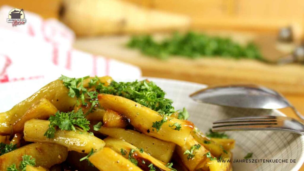 Glasierte Pastianken sind mit Petersilie bestreut. Im Hintergrund liegt ein Holzbrett mit Wiegemesser.