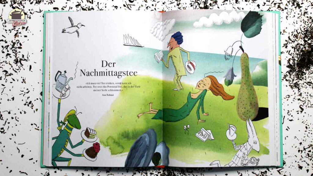 Seite 122 + 123 aus Fortnum & Mason - It's Tea Time mit einer Illustration von Zebedee Helm für das Kapitel Der Nachmittagstee