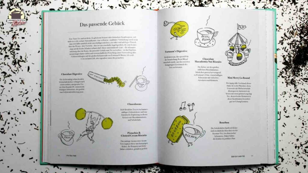 Seite 76 + 77 aus Fortnum & Mason - It's Tea Time mit einem Text über das passende Gebäck, illustriert von Zebedee Helm