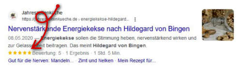 Screenshot von einem Suchergebnis, das mit 5 Sternen bewertet wurde. Ein Pfeil zeigt auf die 5 Sterne.