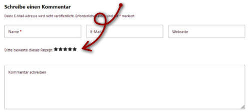 Formular mit dem Feldern zum Kommentieren eines Rezepts. Darüber ein Pfleil, der auf 5 Sterne für die Bewertung zeigt.