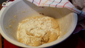 Gekneteter Dinkel-Hefeteig in einer Backschüssel