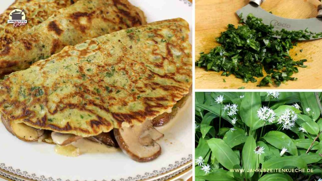 Collage aus drei Bildern, auf denen gefüllte Bärlauch-Pfannkuchen, gehackter Bärlauch und blühender Bärlauch zu sehen sind.