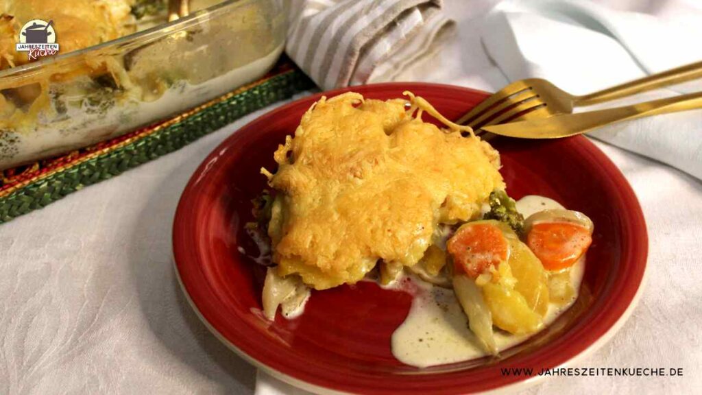 Auf einem roten Teller liegt Kartoffelausflauf mit einer dicken Käsekruste